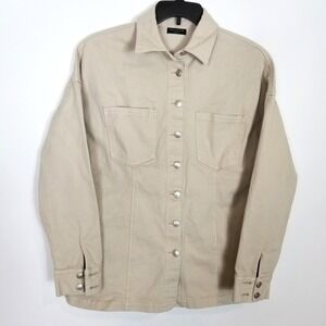 Naked Wardrobe The Cargo Denim Jacket Women Sz L Beige Button Up Relaxed Boho